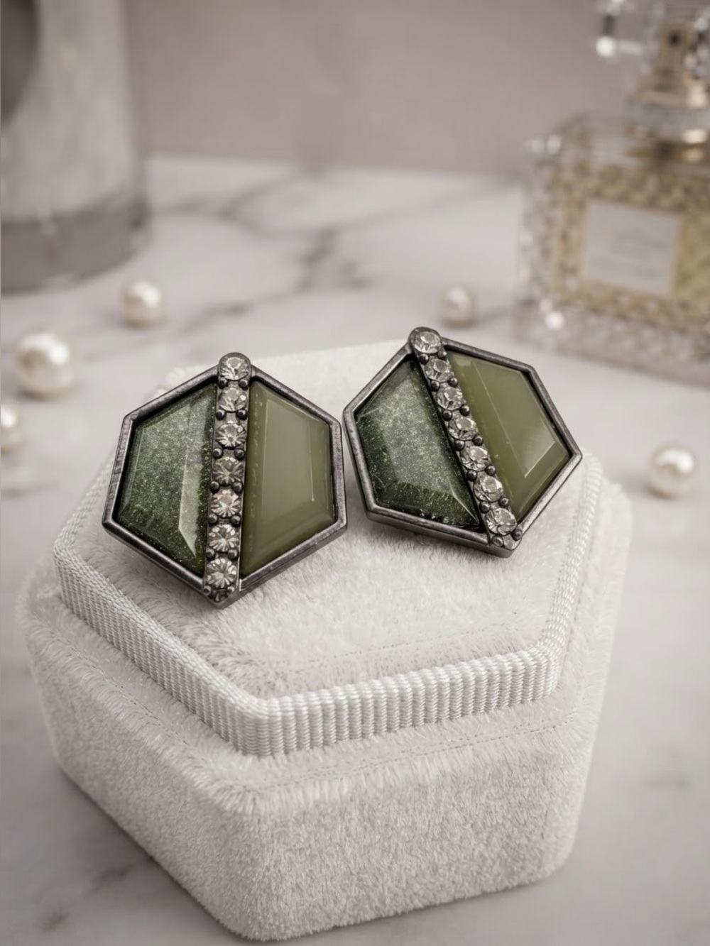 Two-Tone Green Hexagon Stud Earrings | Sage & Glitter Green Rhinestone Gunmetal